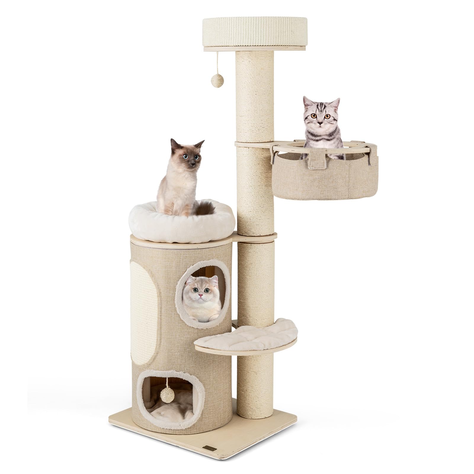 PETSITE 61 inch Cat Tree Tower, Multi-Level Wooden Cat Tower with Sisal Scratching Posts & Board, 2-Tier Condo, 2 Perches, Side 