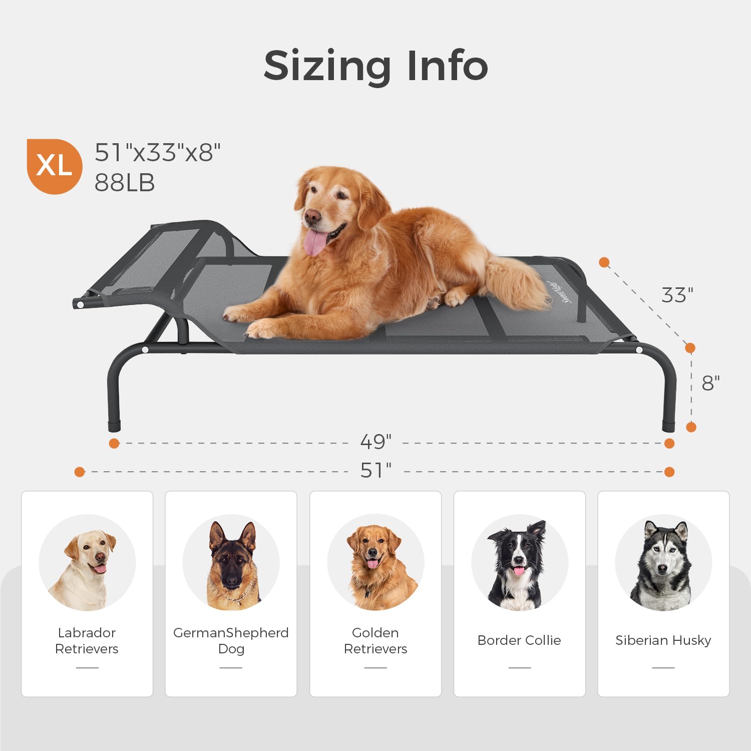 Sweetnight Elevated Dog Bed with Headrest for Large Dogs | Waterproof Raised Dog Cot for Outdoor - 51inch Heavy Duty Steel Frame
