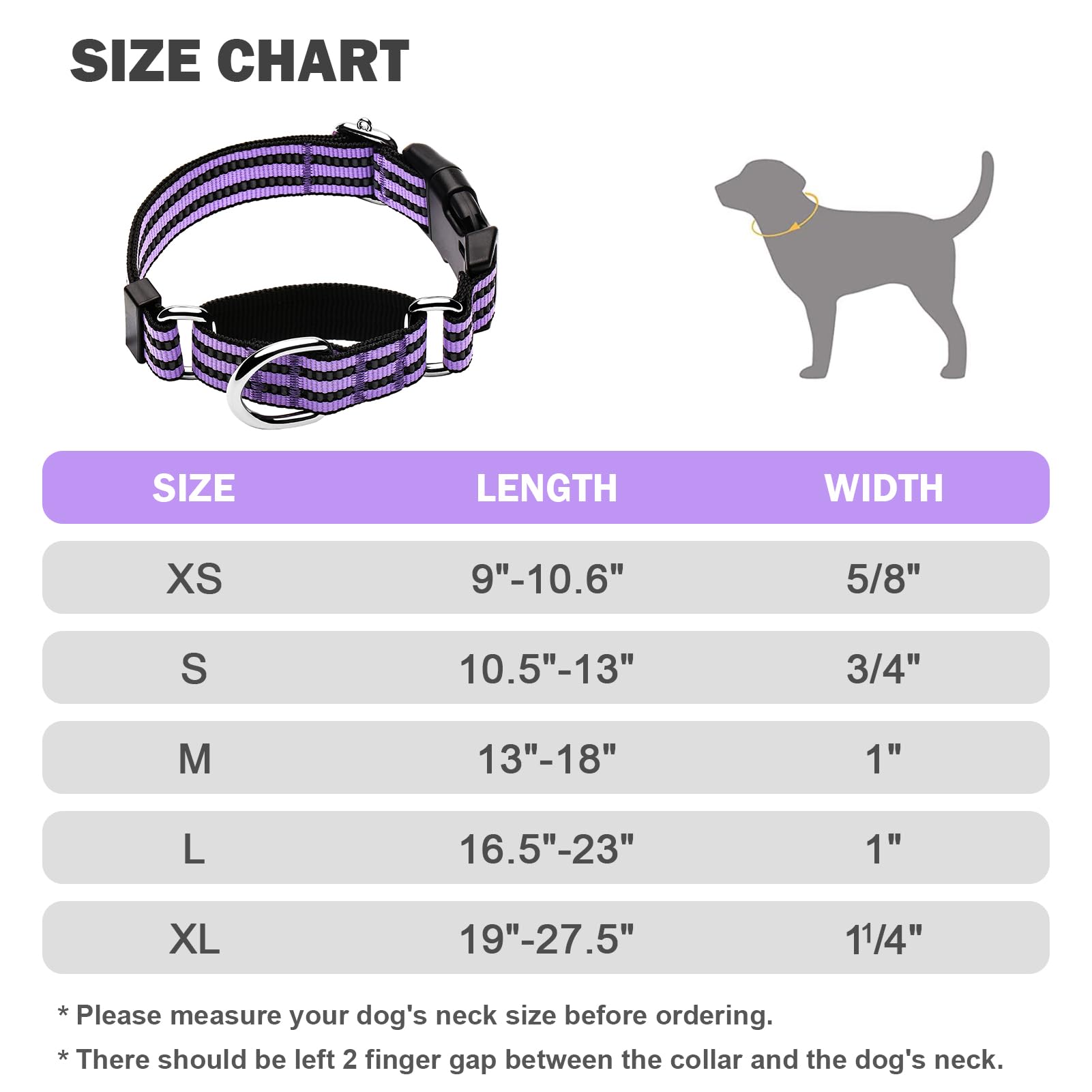 Hikiko Reflective Nylon Martingale Dog Collar, Adjustable, Quick Release, Medium, Lavender, Model BZ001