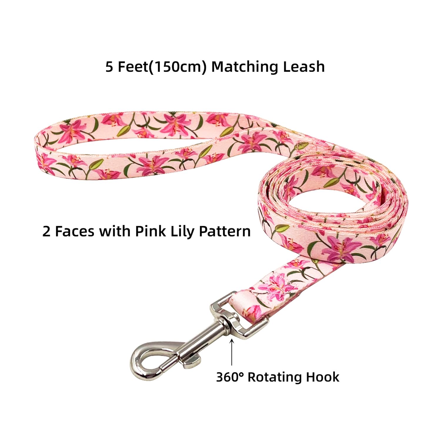 Olahibi Dog Collar And Leash Set, Lily Floral Pattern, Polyester Material, 5Ft Leash, For Medium Dogs.(M, Pink Lily)