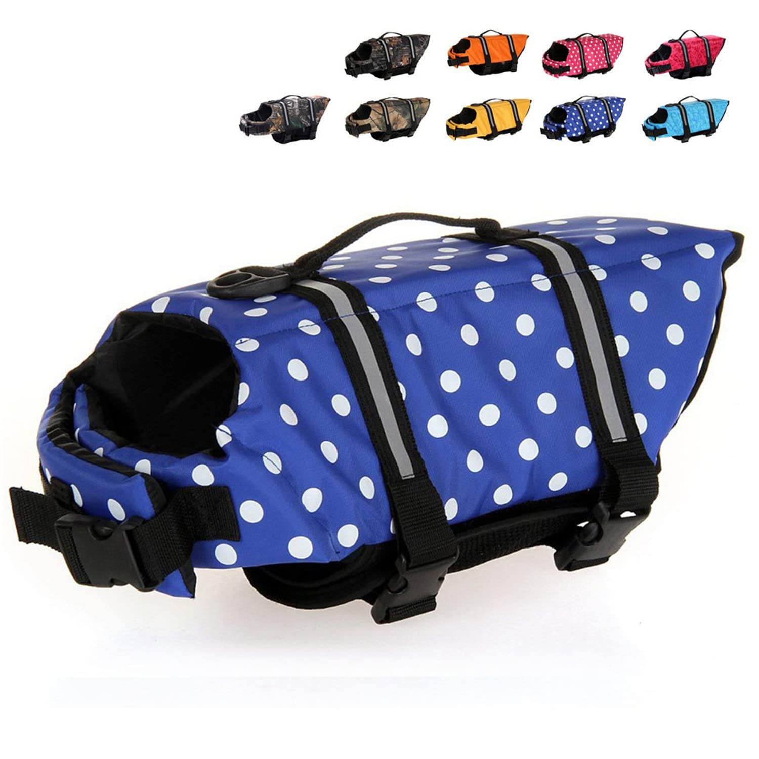 Haocoo Dog Life Jacket Vest Saver Safety Swimsuit Preserver With Reflective Stripes/Adjustable Belt Dogs?Blue Polka Dot,Xl