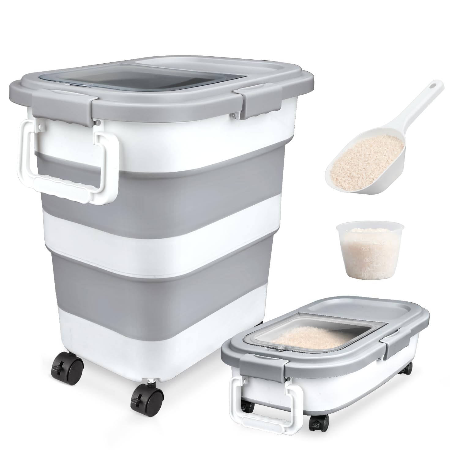 Komzon Rice Storage Container, Collapsible Airtight Food Storage Containers 10-45 Lbs, Rice Dispenser Bin With Cup And Scoop For