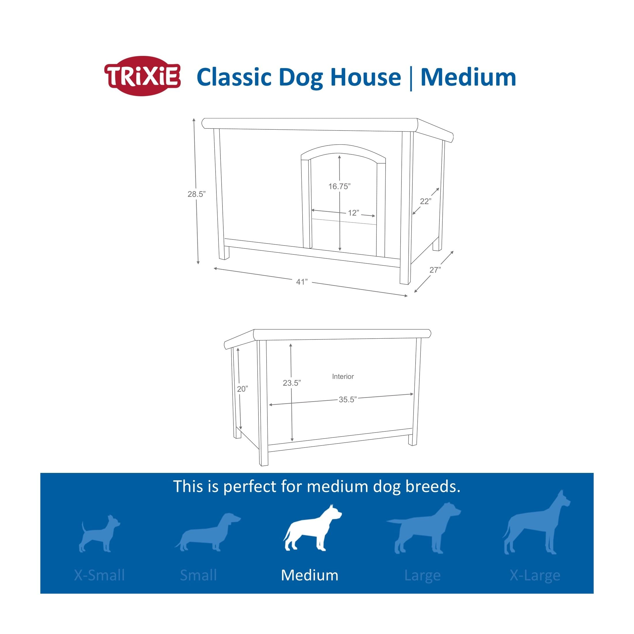 TRIXIE Natura Classic Dog House- Outdoor Dog House for Medium Dogs with Weatherproof Sealer & Hinged Roof, Wooden Dog House with