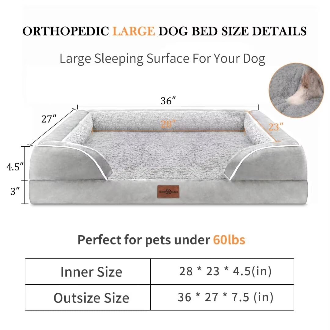 Comfort Expression Orthopedic Memory Foam Dog Bed, Cooling Dog Bed, Waterproof Dog Beds For Large Dogs, Washable Dog Bed With Removable Cover,Pet Bed Dog Sofa With Bolster(Large,Light Grey)