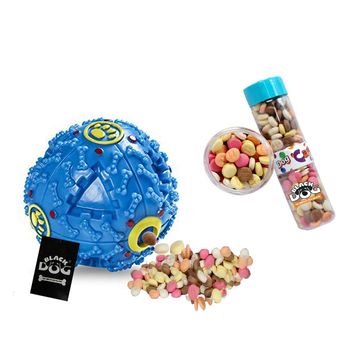 Black Dog MultiPurpose Treat Dispensing Squeak Ball Dog Toy With Dog Candy (Colour May Vary)