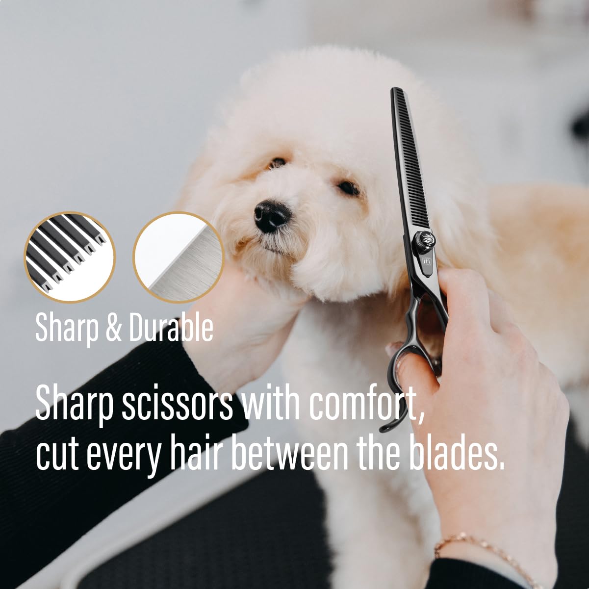 Fenice Totem Dog Grooming Scissors: 7.5 Inch Bright Black Professional Pet Curved Chunker Shears Made Of Japanese 440C Advanced