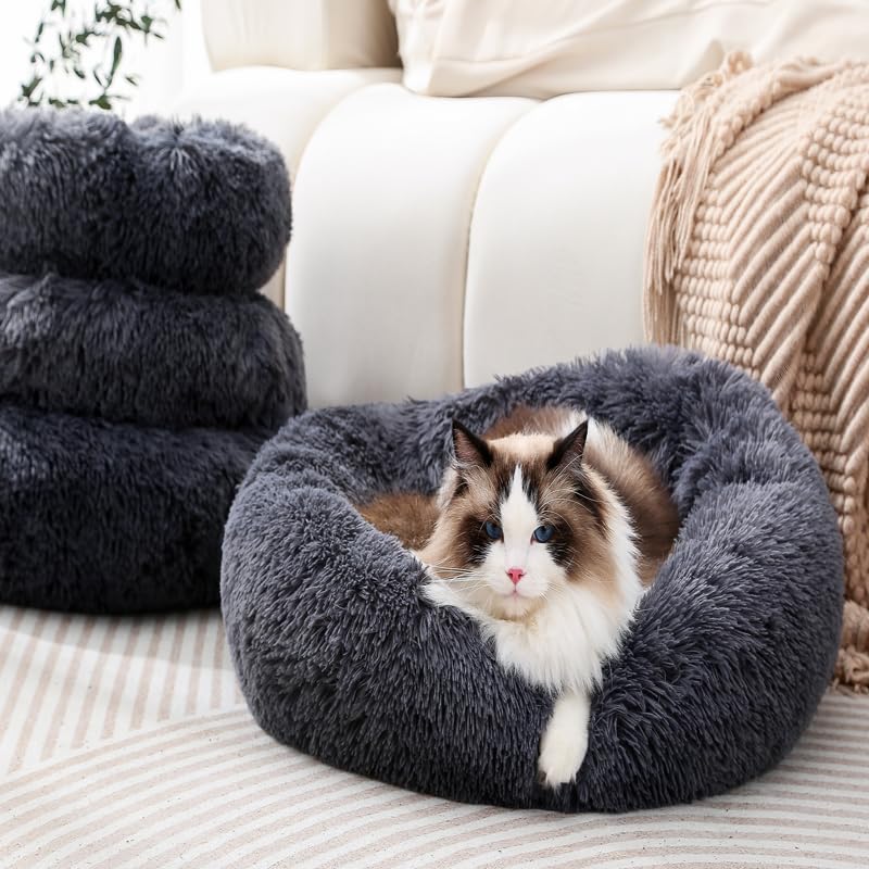 Round Dog Bed Fluffy Cat Bed Small Dog Bed Pet Bed Calming Donut Cat Bed Round Puppy Bed Calming Pet Bed Suit For 8Kg Dog And Ca