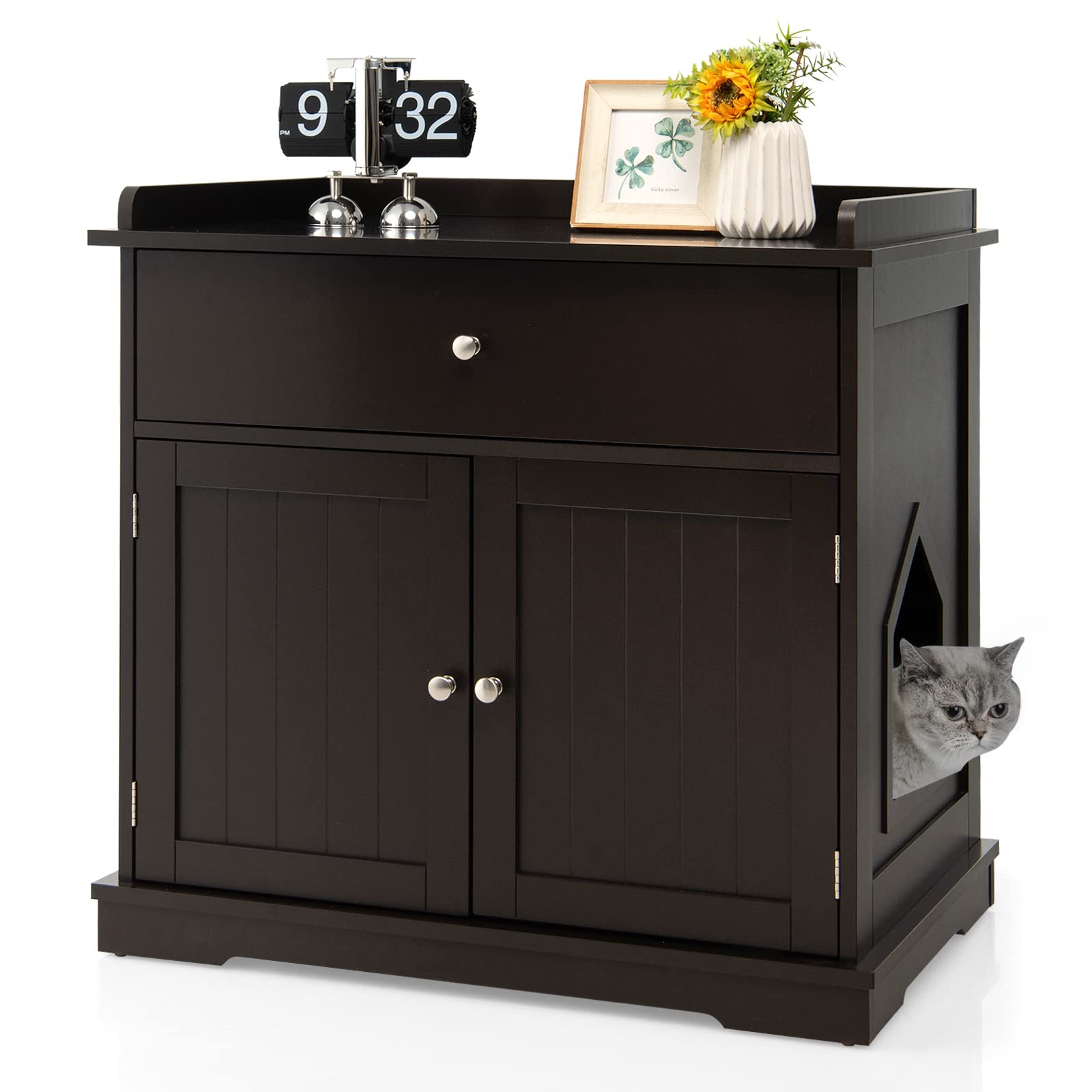 PETSITE Cat Litter Box Enclosure, Large Cat Washroom End Table with Drawer & 2 Doors, Wooden Cat House Storage Cabinet, Hidden L
