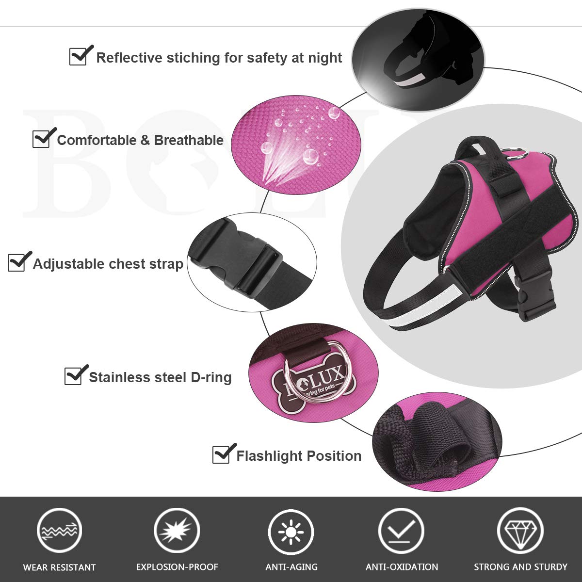 Bolux Dog Harness - No-Pull Reflective Vest, Breathable, Adjustable, Large (L), Rose Red, Model DC112-Rose-L