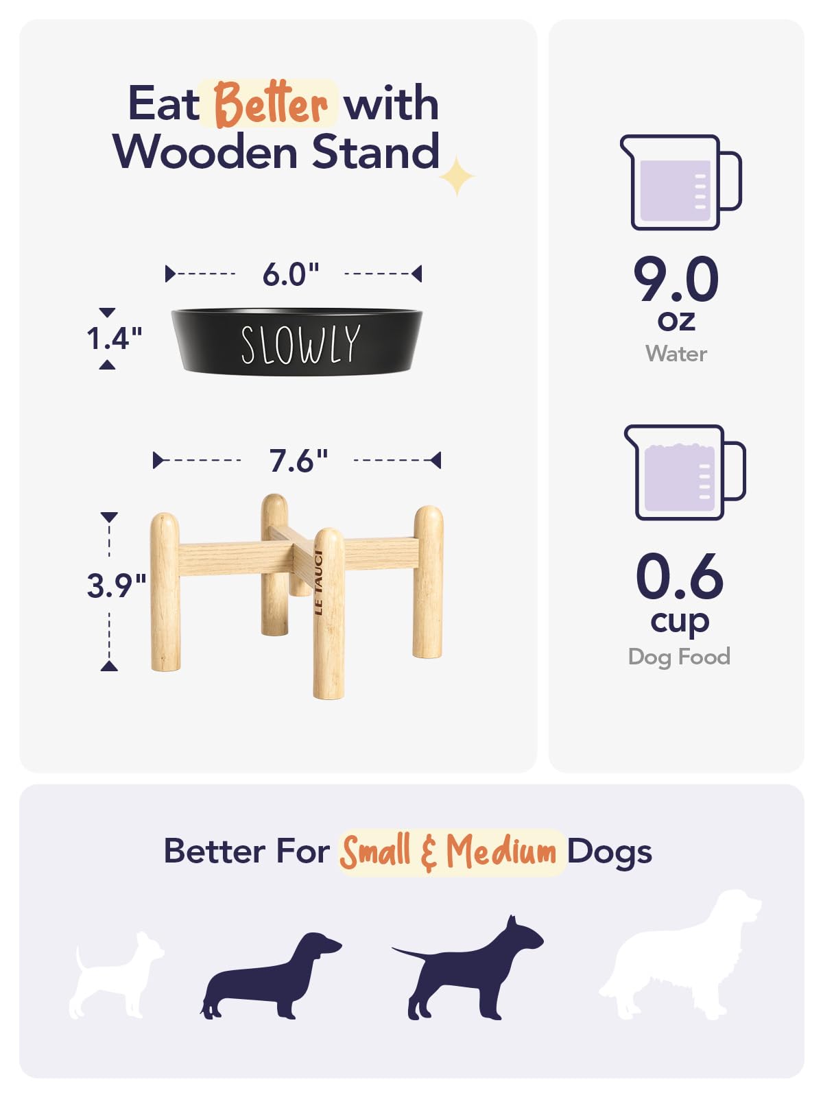 Ceramic Elevated Dog Bowl, 0.6 Cups Raised Dog Dish With Wooden Stand For Small Breeds, Slow Feeder To Prevent Bloat, Black