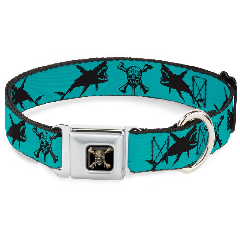 Buckle-Down Dog Collar Seatbelt Buckle Pirates Skull Crossbones Sharks Turquoise Black 15 To 26 Inches 1.0 Inch Wide, Multicolor (Dc-Wdy391-L)