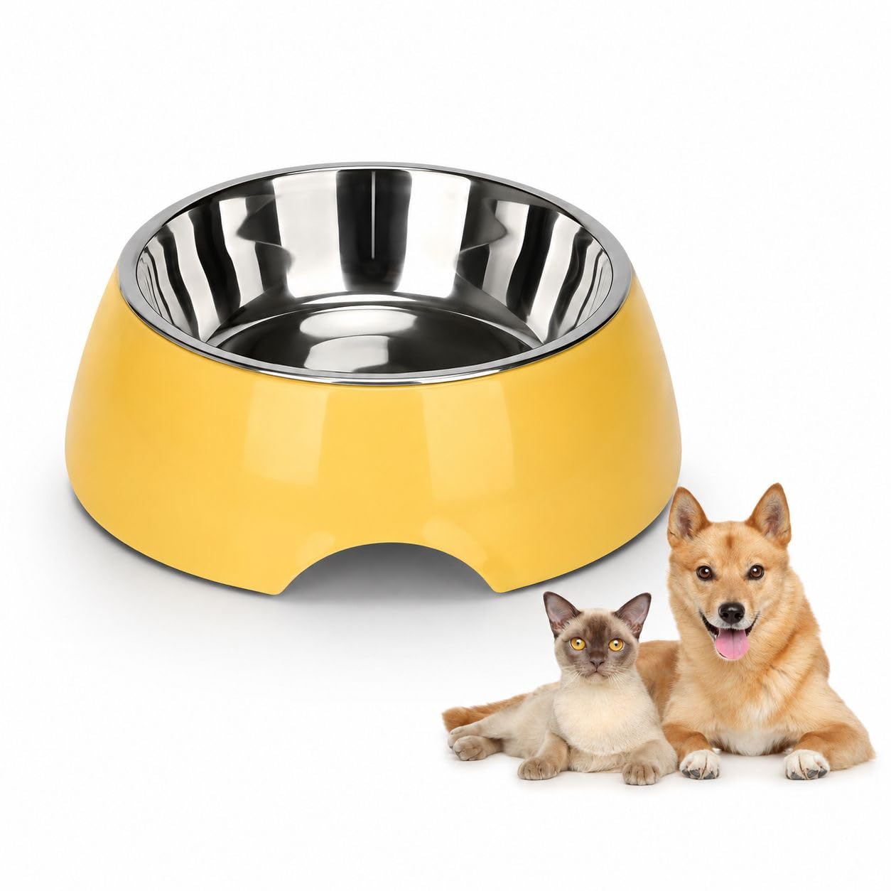 Petkartel Stainless Steel Pet Bowl Yellow Plastic Base | Food Water Feeding Dish Cats Dogs Puppies | Detachable Insert Stable Wi
