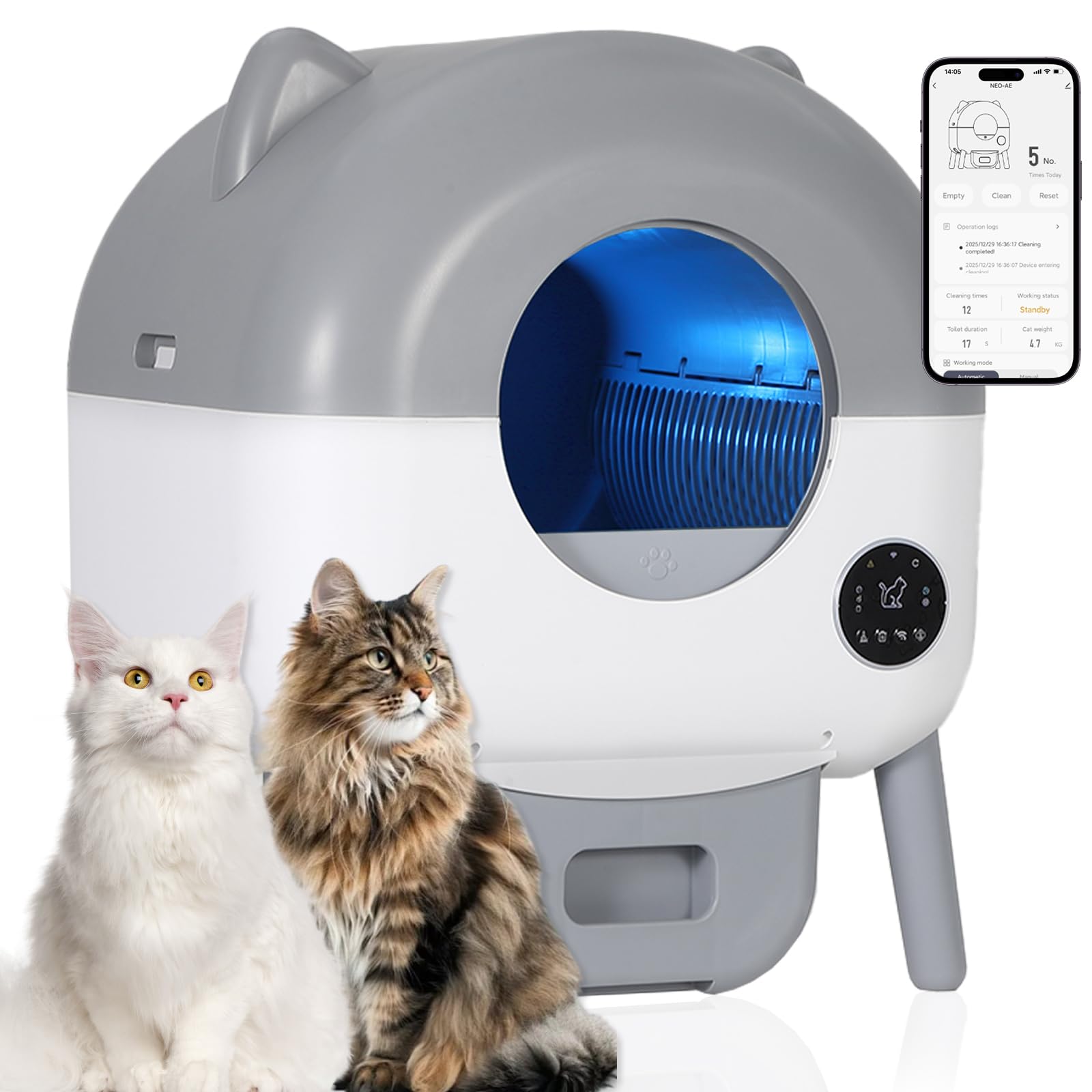 Garvee Self Cleaning Litter Box, Large Capacity, White & Grey