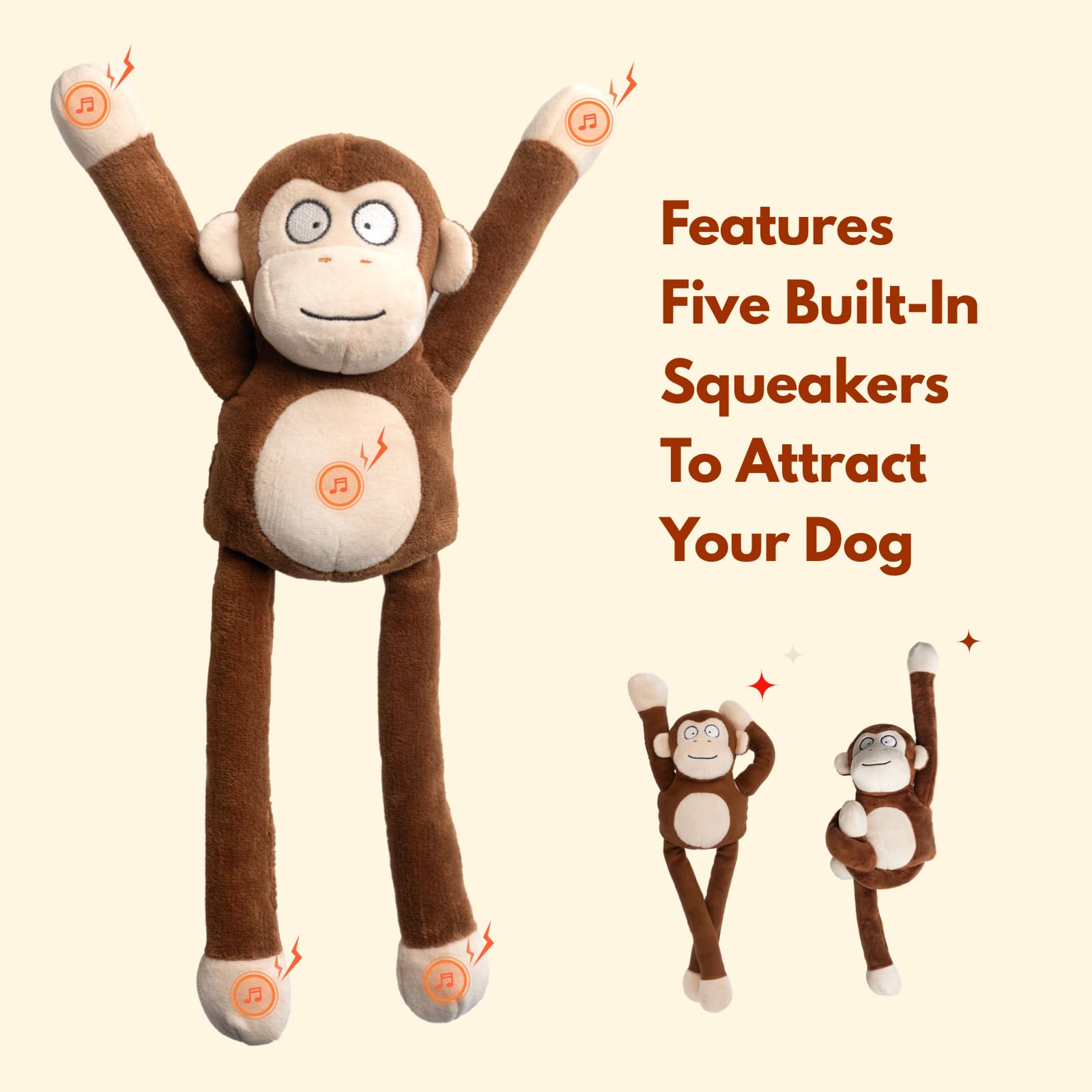 Squeaky Dog Toys with Crinkle Paper Durable Tug of War Monkey Plush Dog Toy with Soft Fabric for Small Middle and Large Dogs