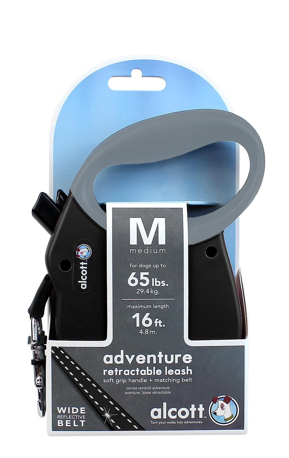 Alcott Adventure Retractable Reflective Belt Leash, 16' Long, Medium For Dogs Up To 65 Lbs, Blue With Black Soft Grip Handle,Rlsh Aa Md Bk