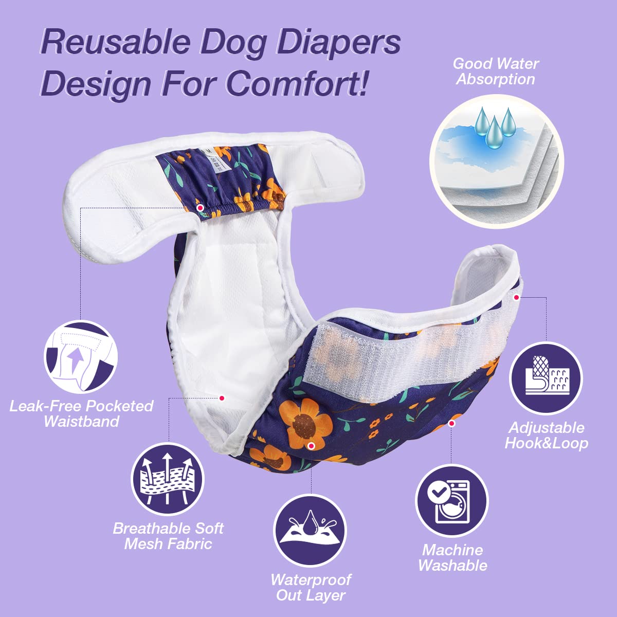 Pet Soft Female Dog Diapers - Washable, Reusable, Large (19''-25''), Cute Flower, Model FDiapers, 3 Pack