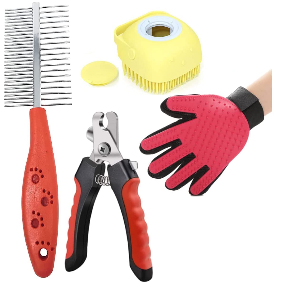 Psk Pet Mart Dogs Grooming Kit  Double Side Comb, Nail Cutter, Dog Bath Brush For Bathing And Glove For Puppy, Cat And Kitten 