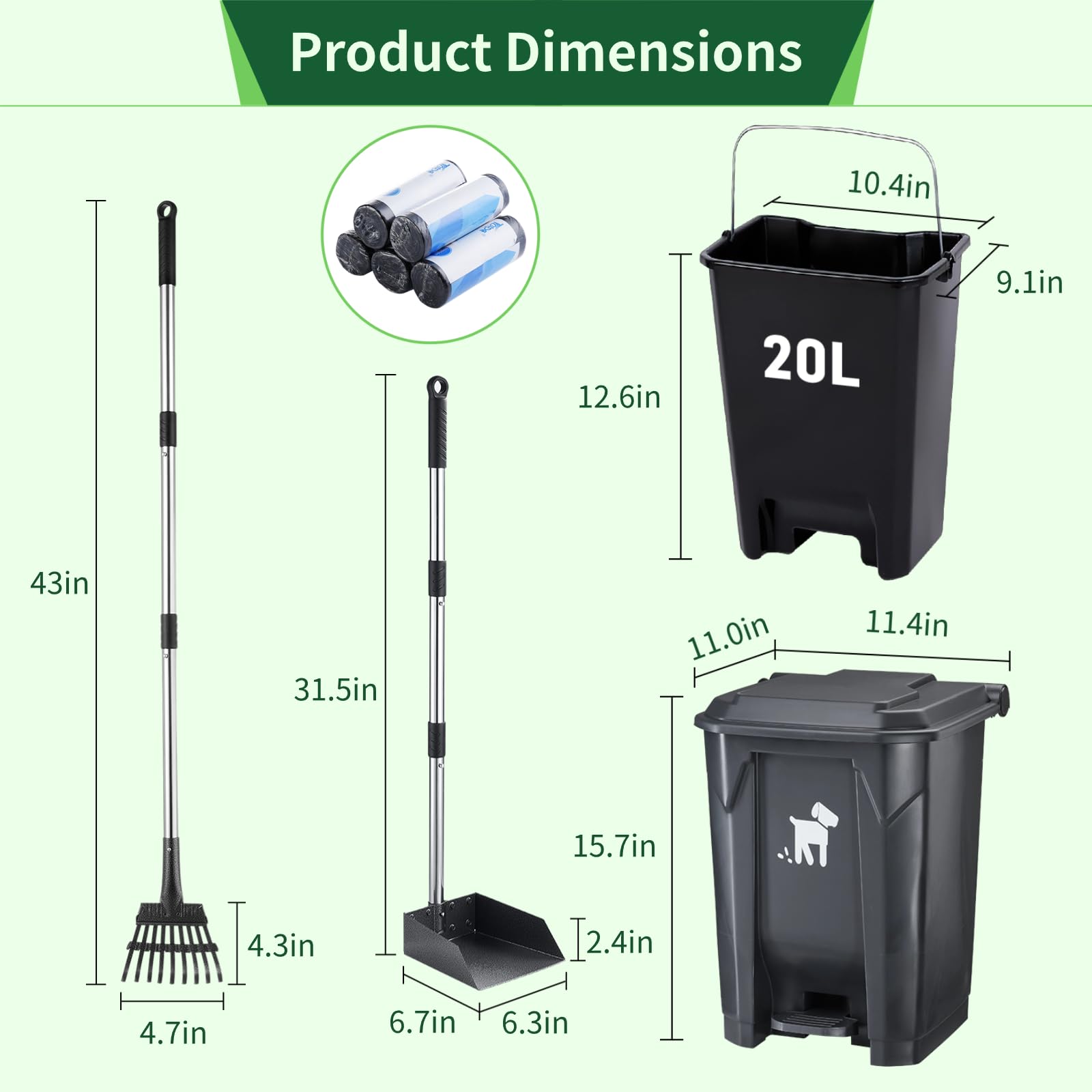Biubiucat Dog Pooper Scooper Set - 20L Trash Bin, Long Handle Rake, 150 Bags, Black Plastic for Small/Large Dog Families