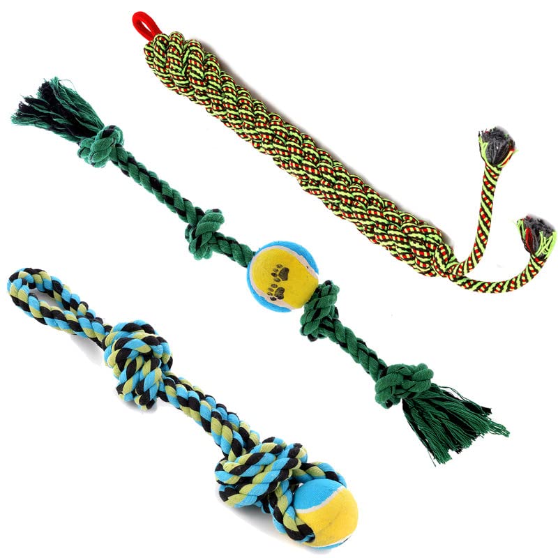 Petyantra Attractive Cotton Poly Mix Chew Exercise Training Dog Toys For Teething Suitable For Adult Dogs 4 Knot Rope Tennis Bal