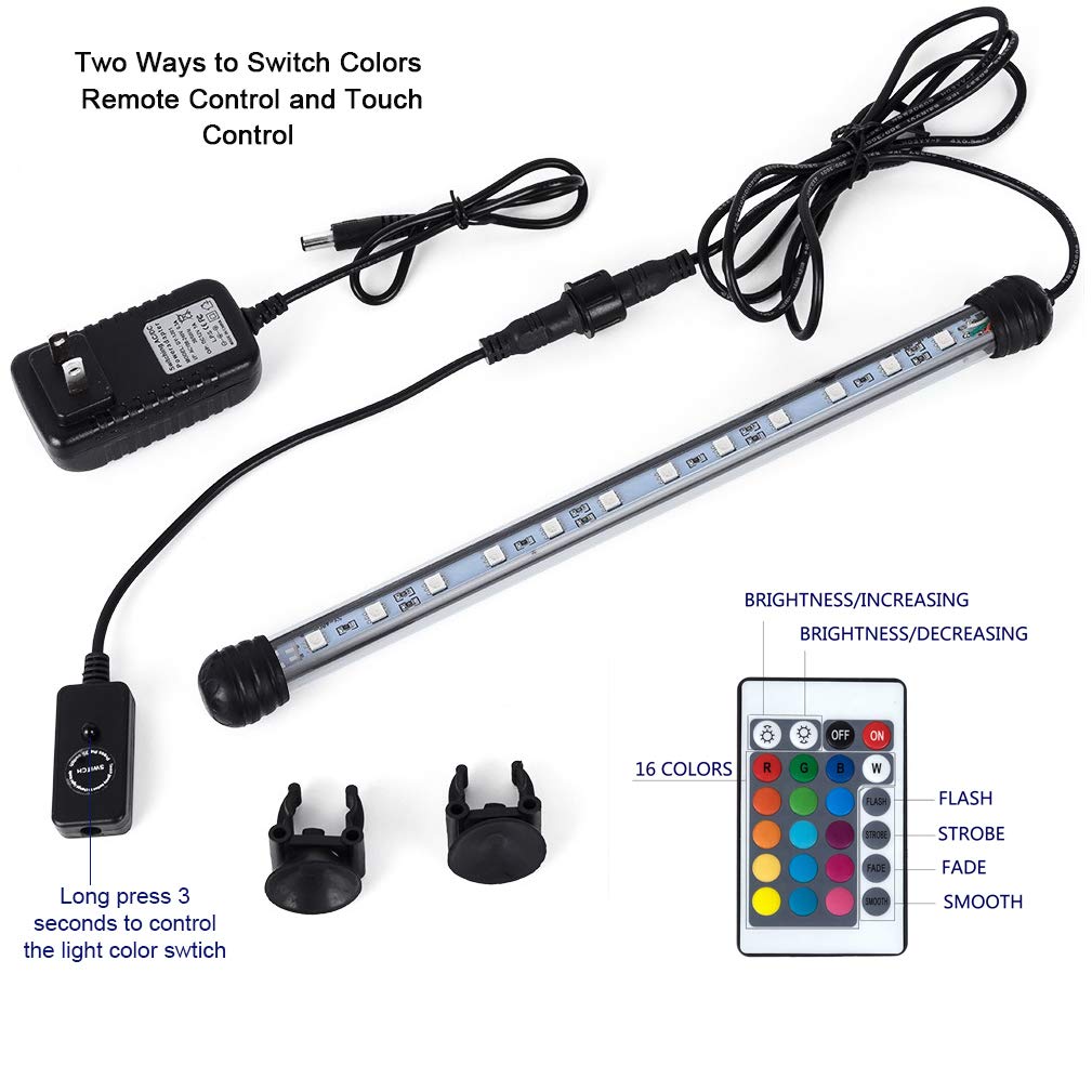 Mq 8 In Submersible Led Aquarium Light, 1.2W Color Changing Fish Tank Light With Remote Control, Ip68 Crystal Glass 9 Leds Lights Bar, For Fish Tank 10-15 Inch