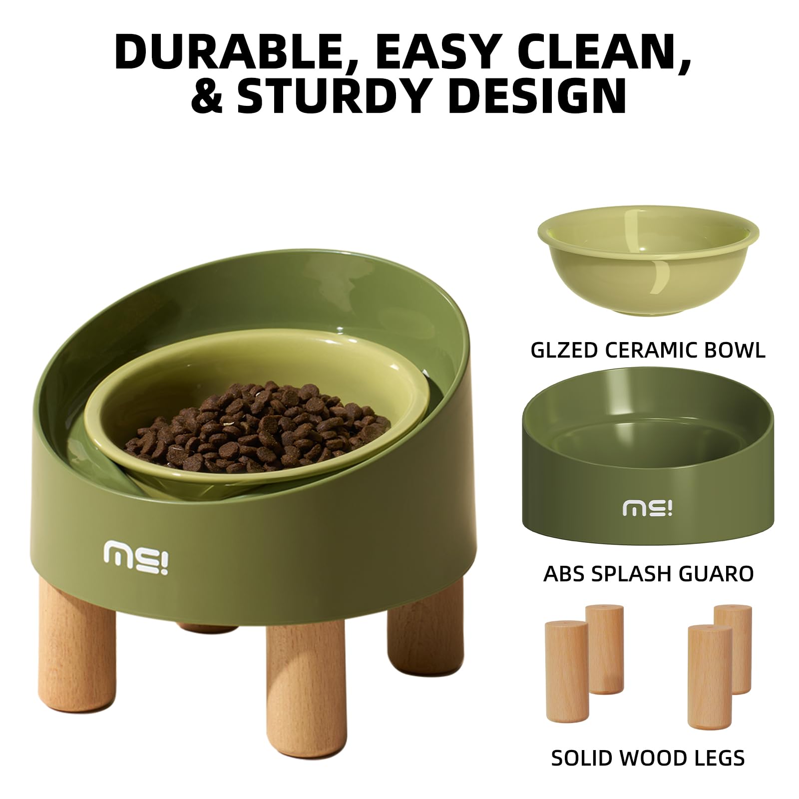 MS!MAKE SURE Ceramic Elevated Cat Bowls with Wooden Stand, Adjustable Raised Pet Bowls for Small Dogs & Cats, Anti - Slip Rubber