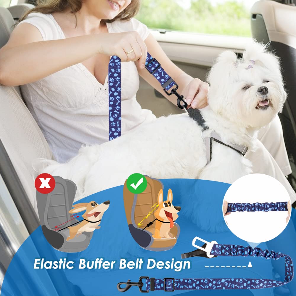 Lukovee Dog Seatbelt Leash For Cars, 2 Pack Pet Safety Car Seat Belt With Adjustable Buckle & Reflective Bungee, Connect Dog Harness In Vehicle Car Dogs Restraint Travel Daily Use (Blue Paw)