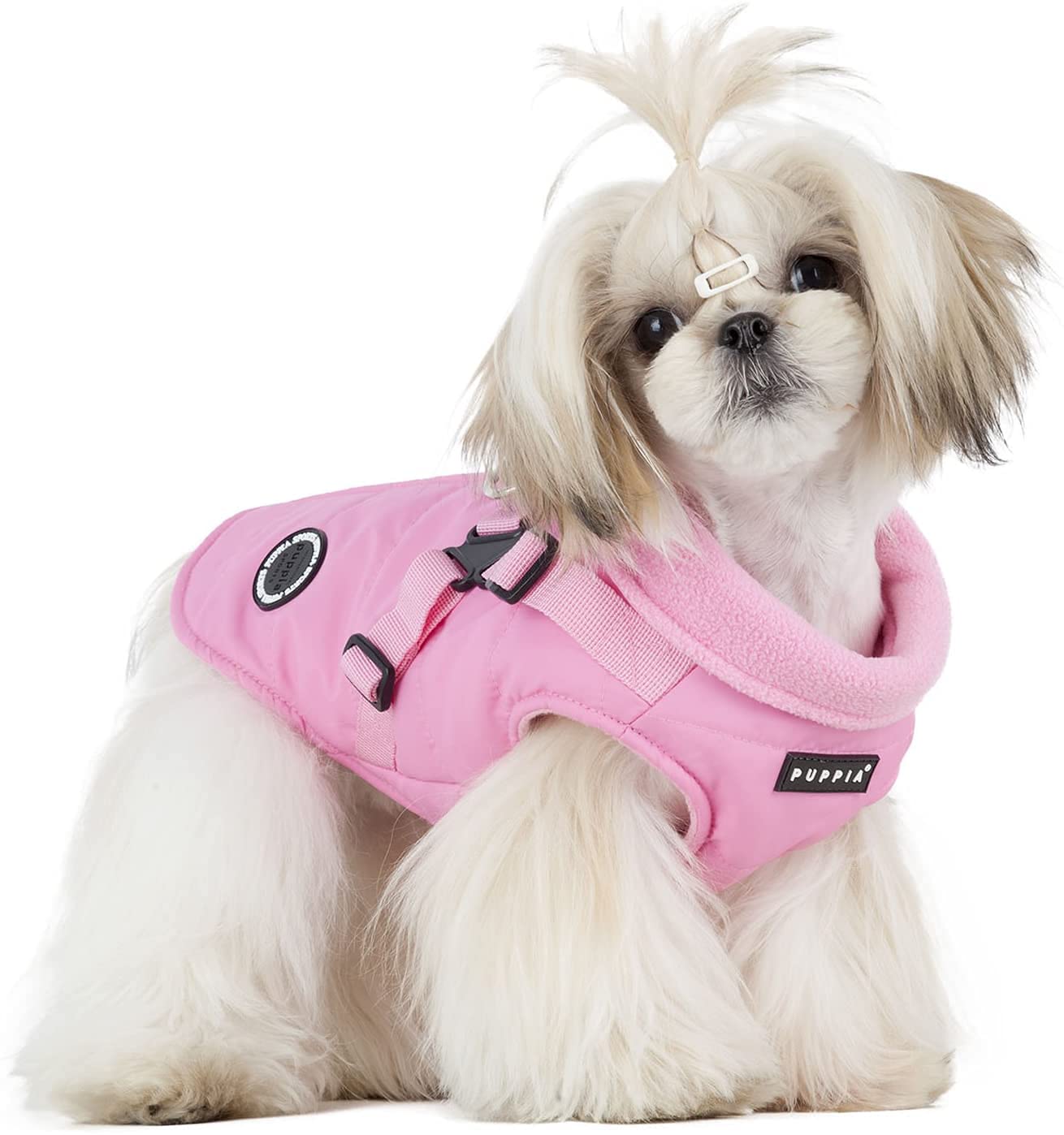 Puppia Mountaineer Winter Dog Coat With Integrated Harness No Pull Cold Weather Waterproof Warm Fleece Back Zipper For Small & Medium Dog, Pink, Medium