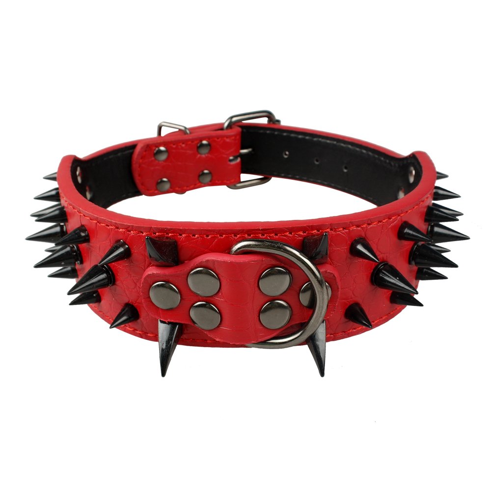 Berry Pet Sharp Spiked Studded Dog Collar - Stylish Leather Dog Collars - 2 Inch In Width Fit For Medium & Large Dogs - Such As Pitbull Mastiff - Black Rivets & Red Leather,21-24'