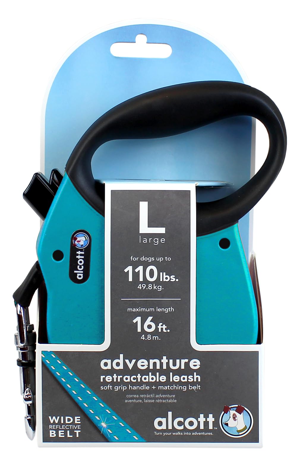 Alcott Adventure Retractable Reflective Belt Leash, 16' Long, Large For Dogs Up To 110 Lbs, Blue With Black Soft Grip Handle,Rlsh Aa Lg Bl