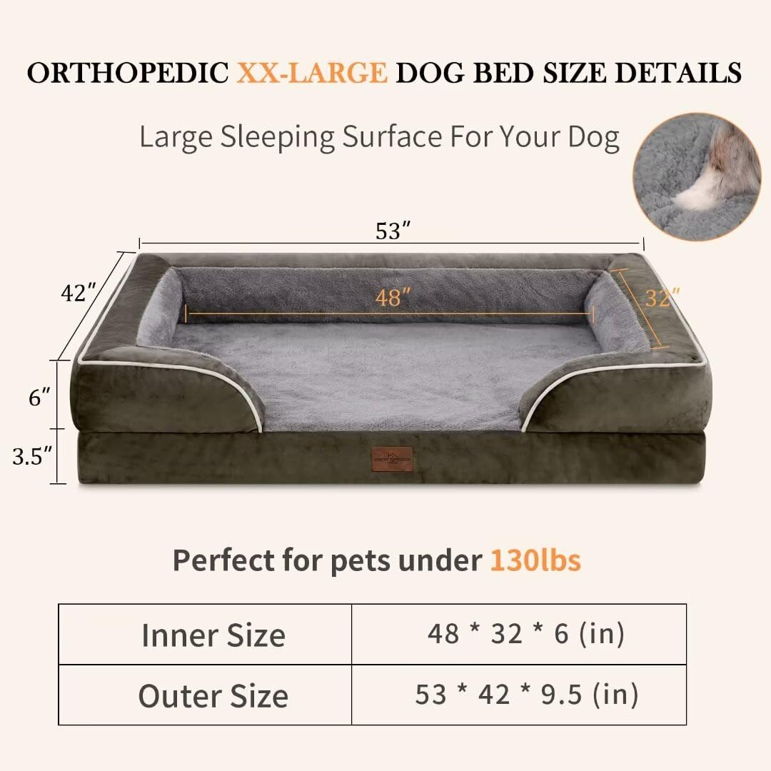Comfort Expression Cooling Dog Bed For Giant Dogs, Orthopedic Memory Foam Dog Bed, Xxl Dog Bed For Extra Large Dogs, Waterproof Dog Bed With Bolster & Removable Cover(Xx-Large,Olive Green)
