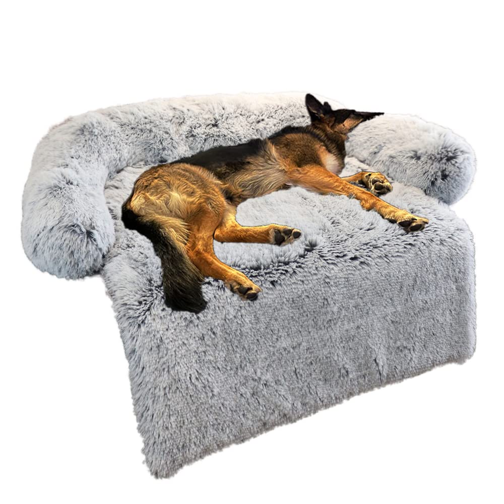Calming Dog Bed Fluffy Plush Dog Mat For Furniture Protector With Removable Washable Cover For Large Medium Small Dogs And Cats (Large, Light Grey)
