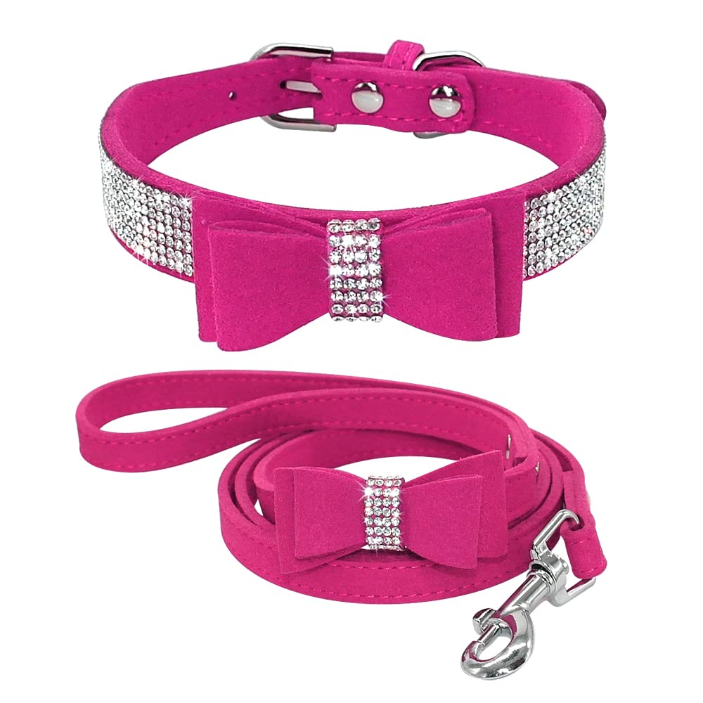 Beirui Rhinestone Bling Leather Dog Collar And Leash Set - Soft Flocking Sparkly Crystal Diamonds Studded - Cute Double Bowknot Collar With 4 Foot Leash For Pet Show,Hot Pink,Neck Fit 10-12.5'