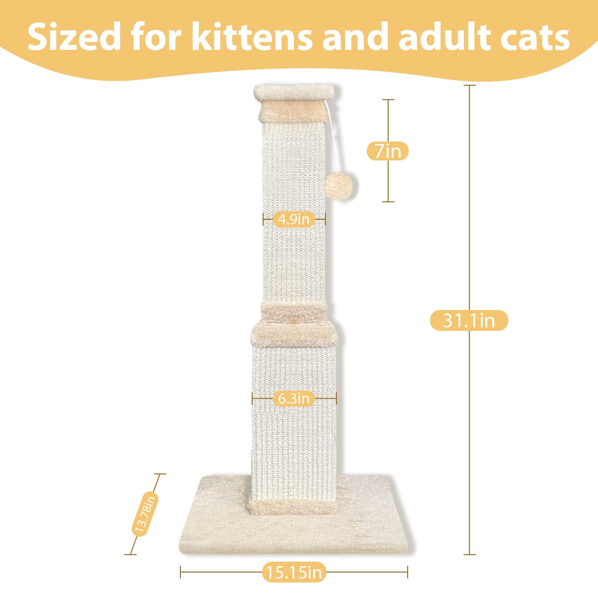 AGYM Cat Scratching Post - 32 Inch Beige Scratching Post for Large Cats with Natural Sisal, Model LM-1