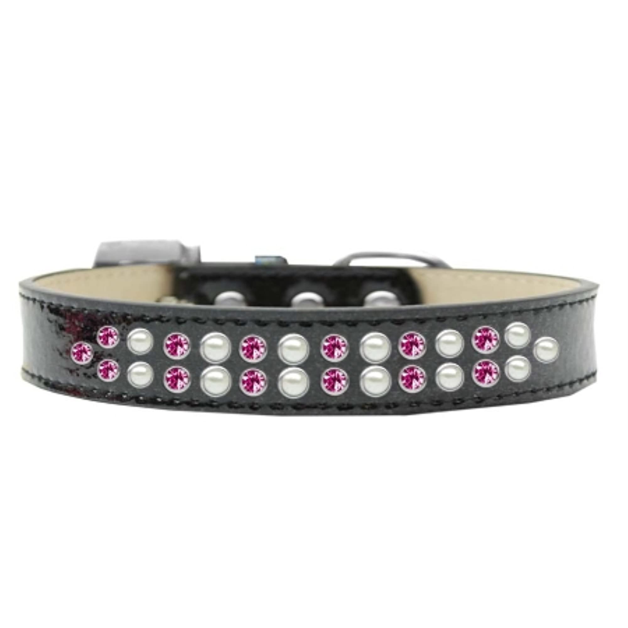 Mirage Pet Products Two Row Pearl and Pink Crystal Ice Cream Dog Collar, Size 18, Black