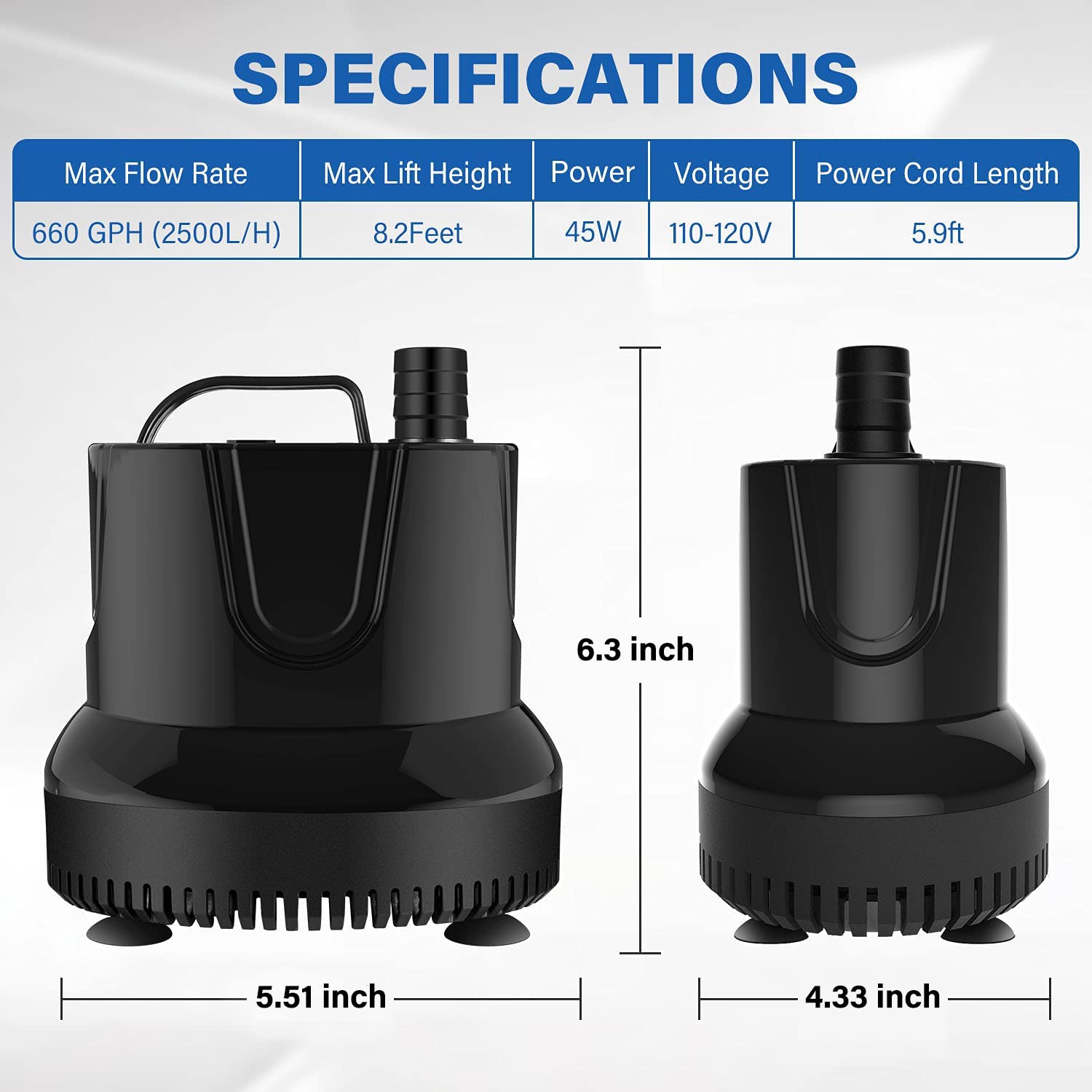 Simple Deluxe 660GPH Bottom Suction Submersible Water Pump (2500L/H, 45W) with 8.2ft High Lift, 3 Nozzles for Fish Tank, Pond, A