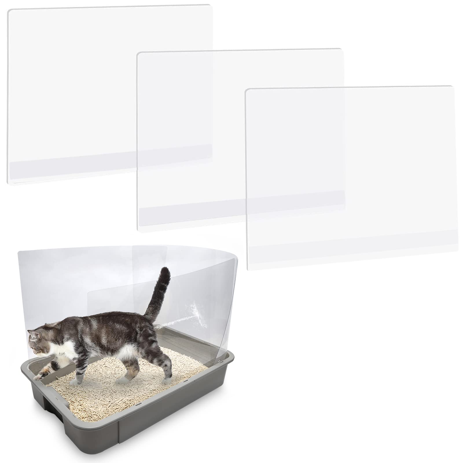 3Pcs Cat Litter Box Pee Shields,Transparent Easy Clean Litter Box Splash Guard For Open Top Litter Pan 15×11.5In- Litter Box Not Included