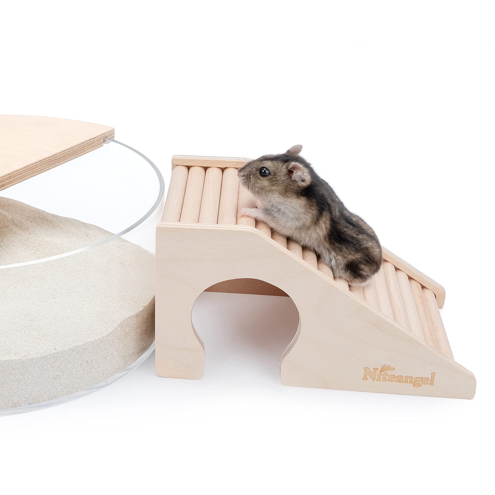 Niteangel Trapezium Hamster House with Climbing Ladder, Light Brown Wood for Hamsters, Gerbils, Mice, and Similar-Sized Pets