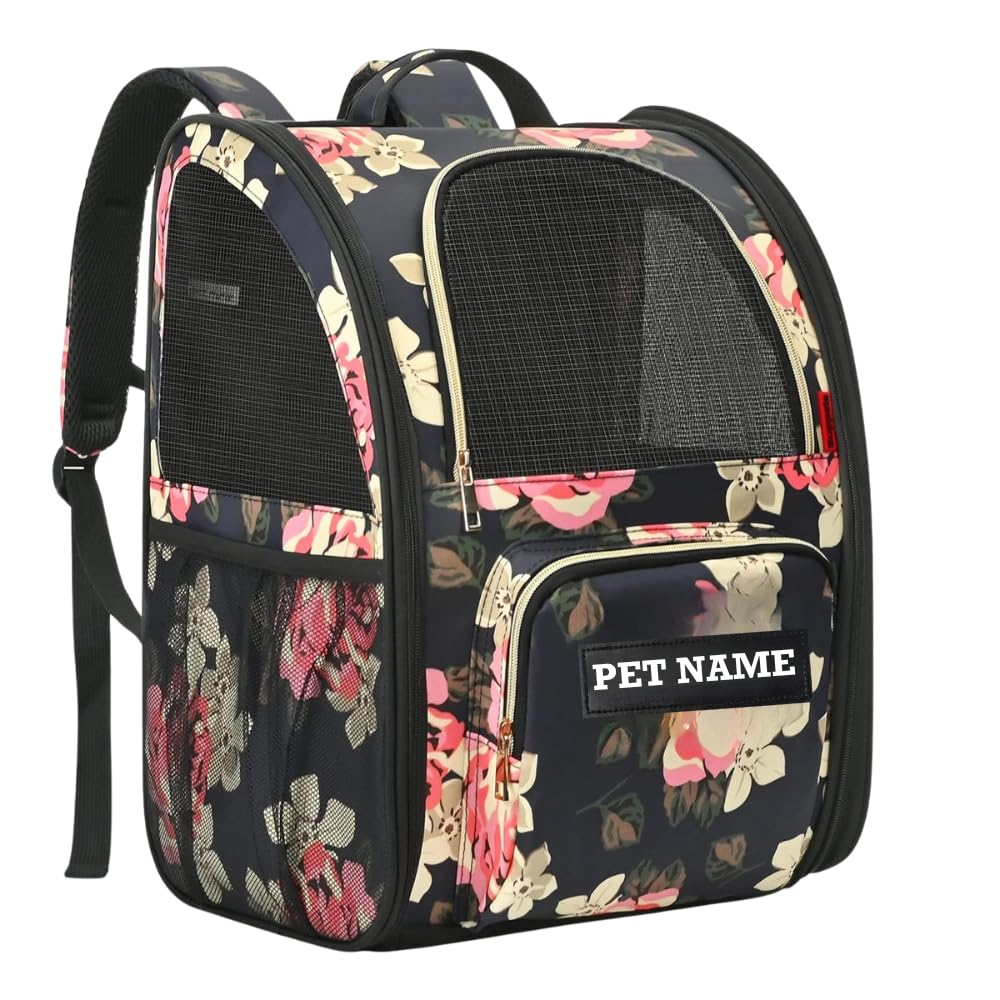 Kika Pets Goldfinch Dog Cat Bag Backpack Carrier | Dog Backpack Carrier Bag (French Peony) With Name Personalisation