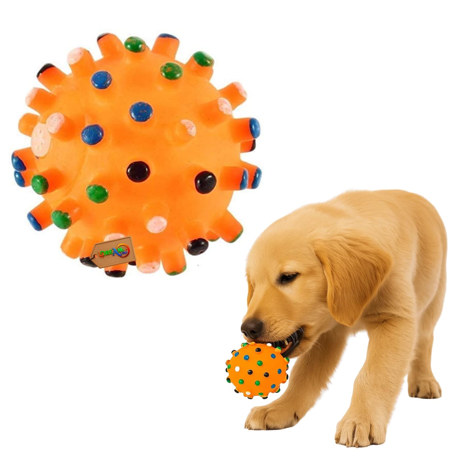 DreamAuro Corona Spikey Squeaky Toy for Dogs & Cats | Interactive Pet Play Ball with Colorful Spikes for Dental Health, Fetch, C