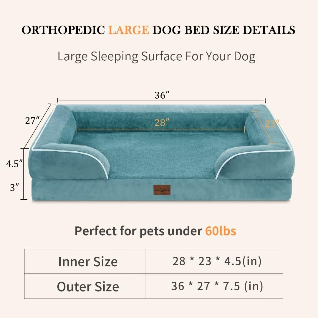 Comfort Expression Waterproof Large Dog Beds, Orthopedic Dog Beds For Large Dogs, Comfy Pet Bed Sofa With Washable Removable Cover & Non-Slip Bottom(Large,Washed Blue)