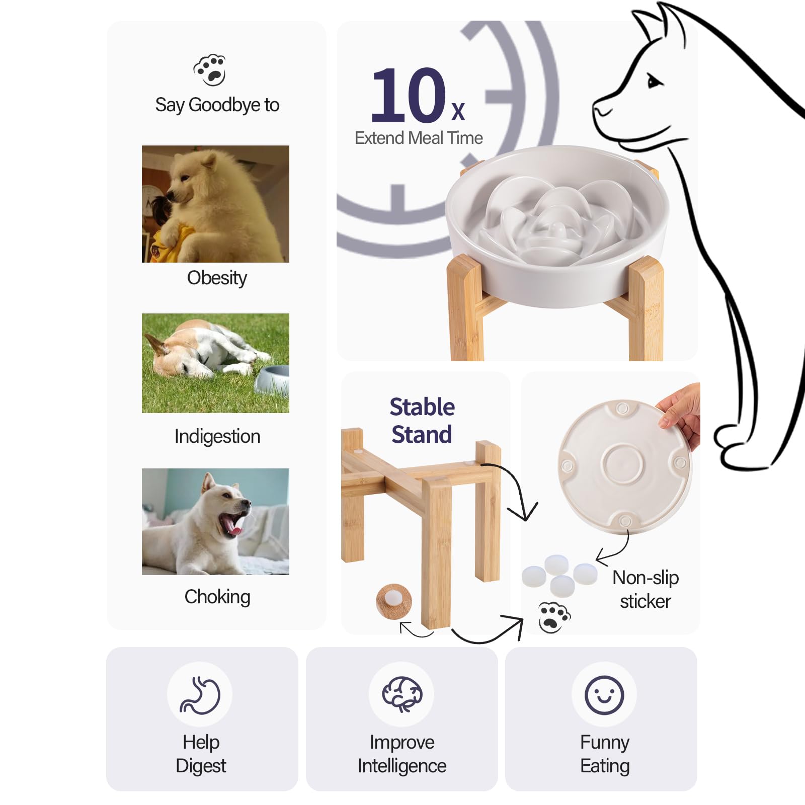 8.26 in White Dog Bowl Slow Feeder Ceramic for Medium and Large Breed, Elevated/Raised Slow Feeding Dog Food Water Dish Heavy We