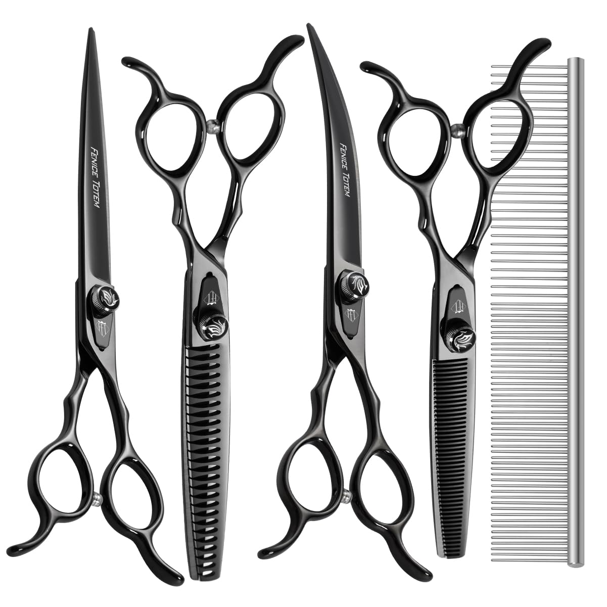 Fenice Totem Dog Grooming Scissors: 7.5 Inch Bright Black Pet Shears Set Made Of Japanese 440C Advanced Stainless Steel Professi