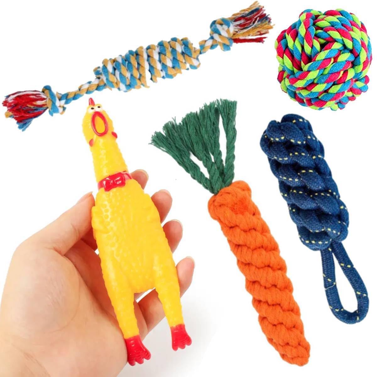 Youhavedeal Dog Chew Toys Combo For Puppies & Small Dogs  Squeaky Rubber Chicken, Rope Ball, Carrot & Tug Toy Set  NonToxic, 