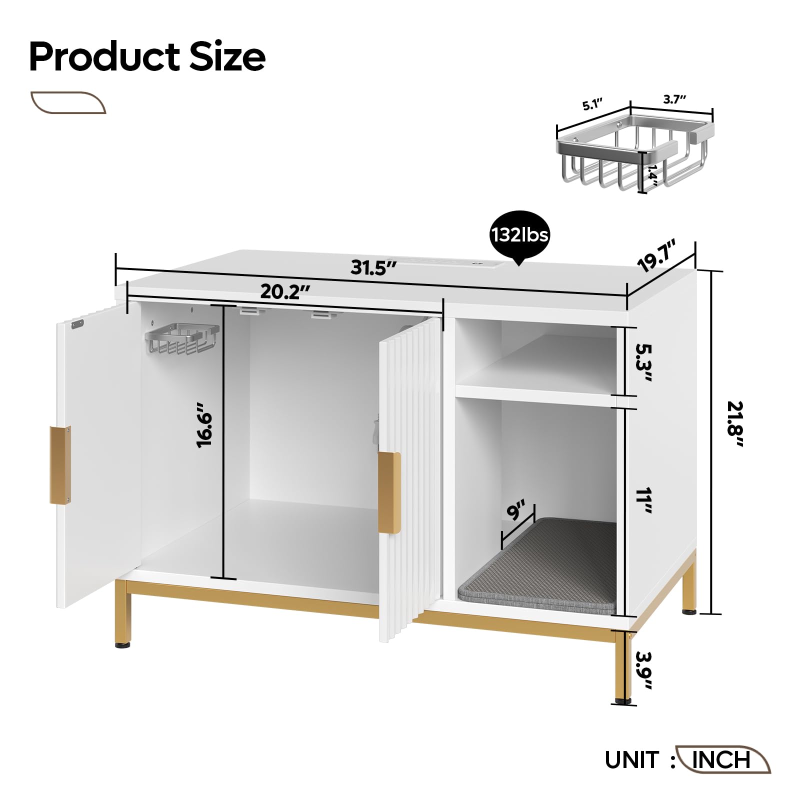 Bestier Cat Litter Box Enclosure - Glossy White & Gold, Engineered Wood, 31.5" x 19.7" x 21.8", with Power Outlets &
