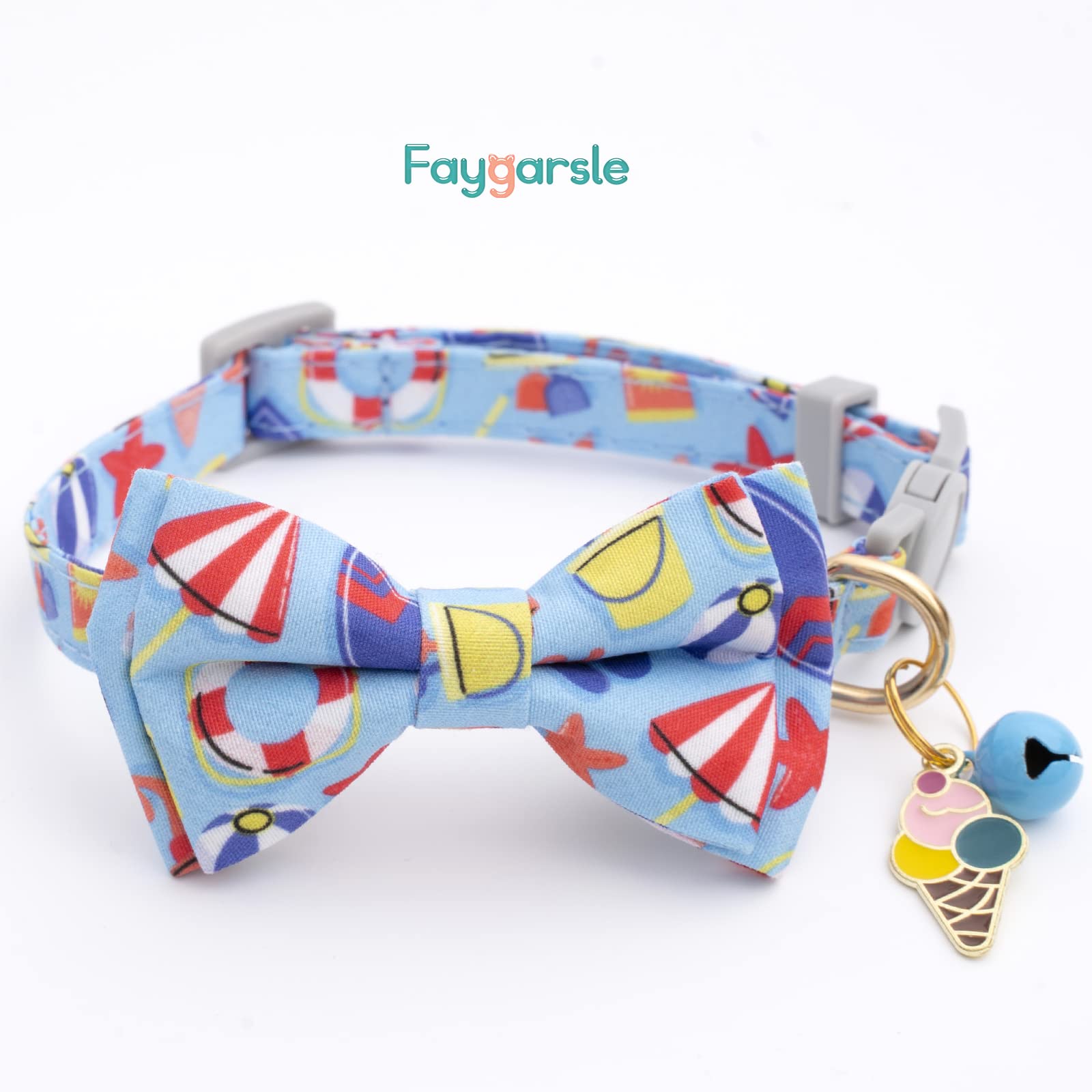 Faygarsle 2 Pack Cute Cat Collar With Bell Breakaway Bowtie Cat Collar For Male Female Cats Soft Fancy Blue Yellow Cat Collar With Ice Cream Sea Pattern Summer Cat Collar For Boy Girl Cats