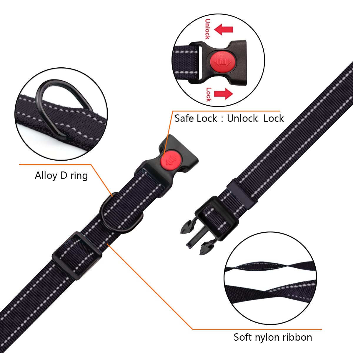 Reflective Dog Collar And Leash Set With Safety Locking Buckle Nylon Pet Collars Adjustable For Small Medium Large Dogs 4 Sizes(