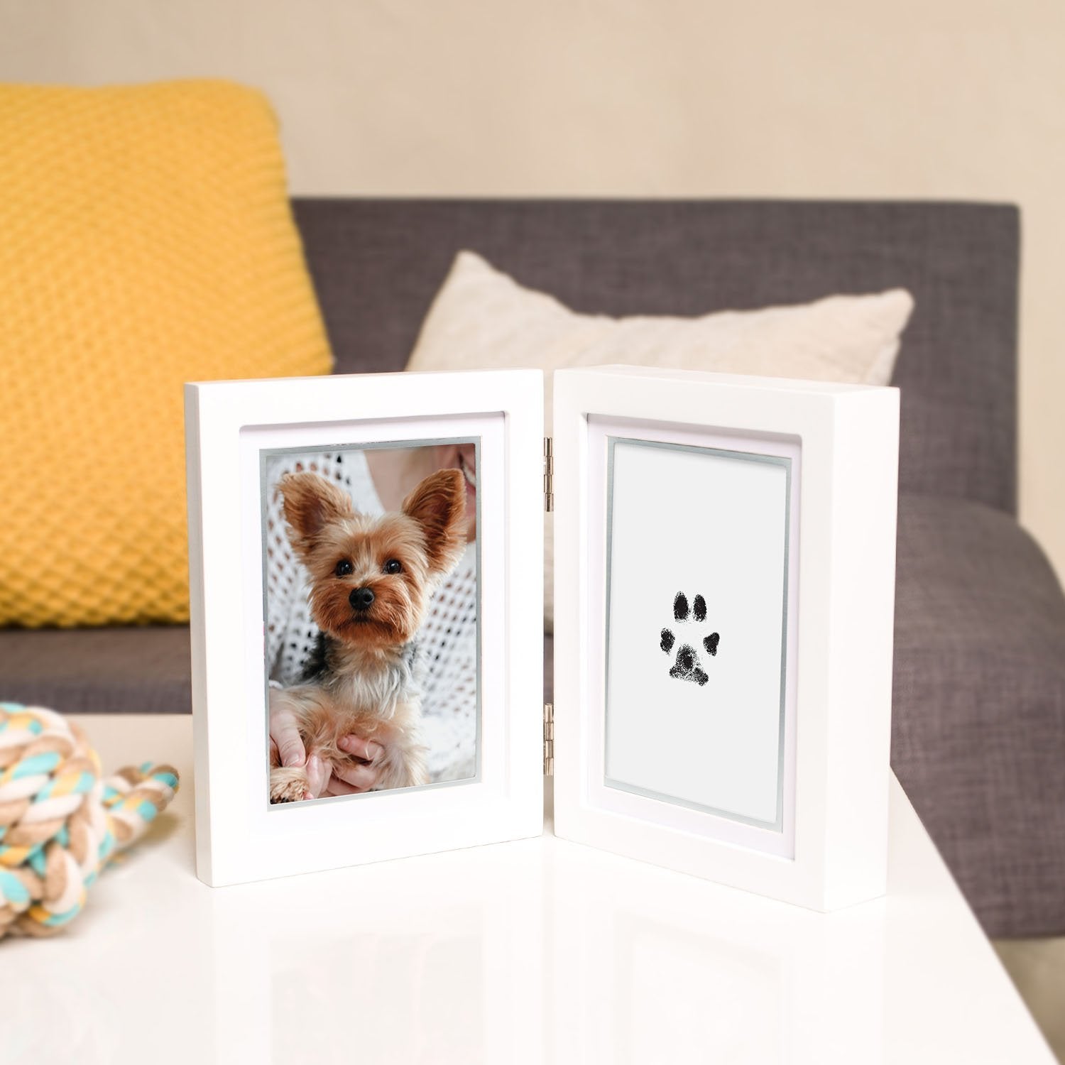 Pearhead Pet Pawprints Desk Picture Frame, Pet Memorial Keepsake, White Photo Frame For Pet, Imprint Kit