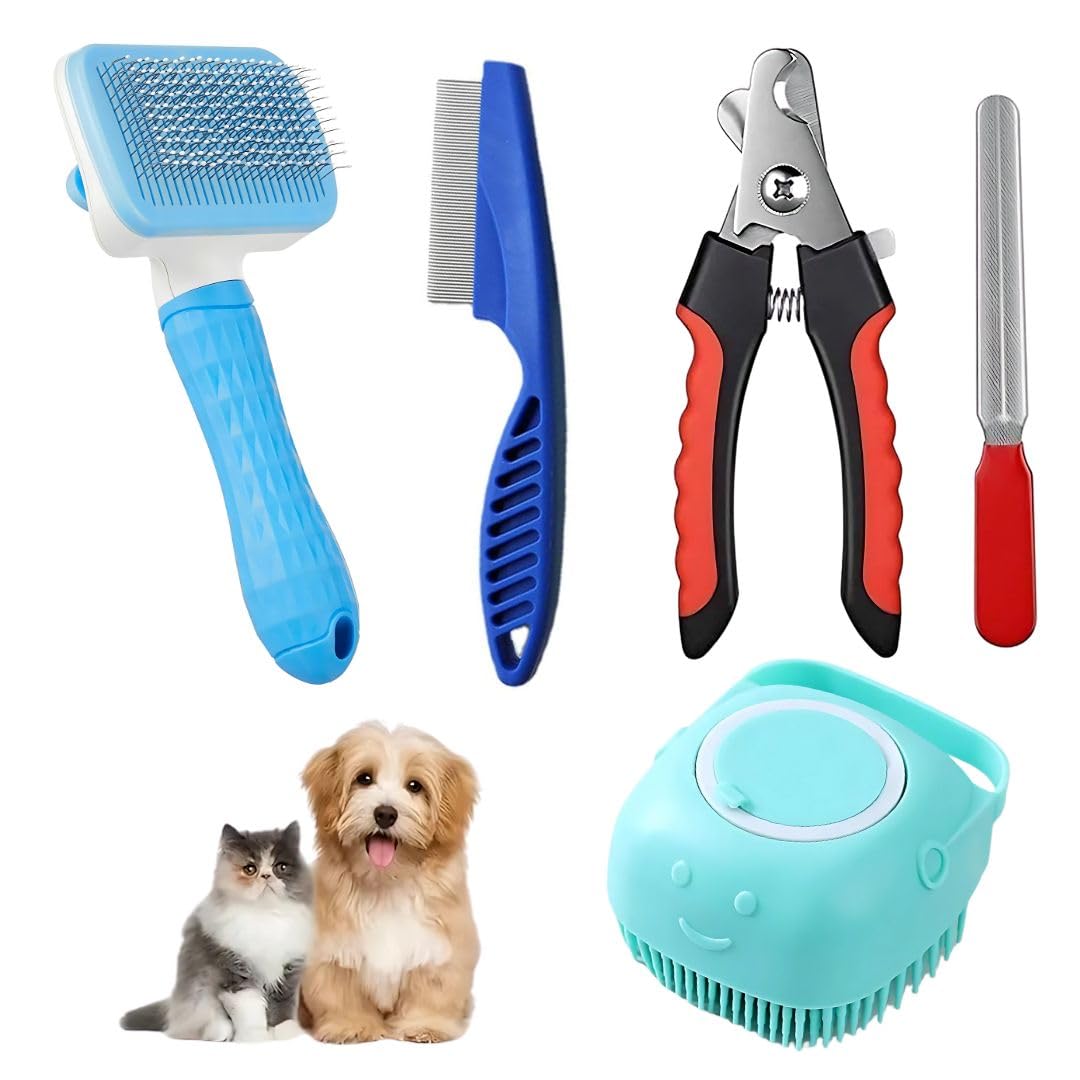 Pet Fun 5In1 Pet Grooming Kit Combo | SelfCleaning Auto Slicker Brush, Flea Comb, Nail Clipper & Filer, And Silicone Bath Glo