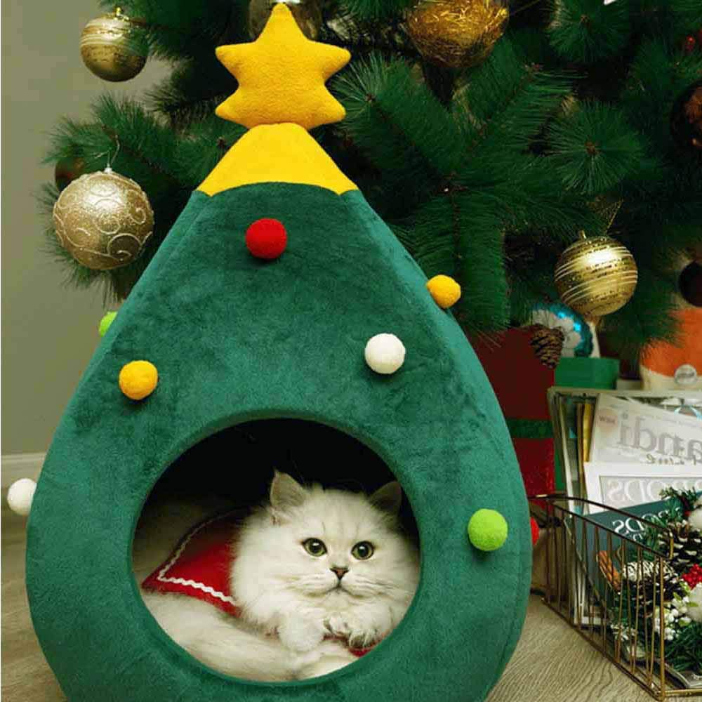 Christmas Cat Beds, Christmas Tree Cat Beds House, Portable Indoor Cat Igloo Xmas Bed Cave for Small Dogs and Small Animals, Gre