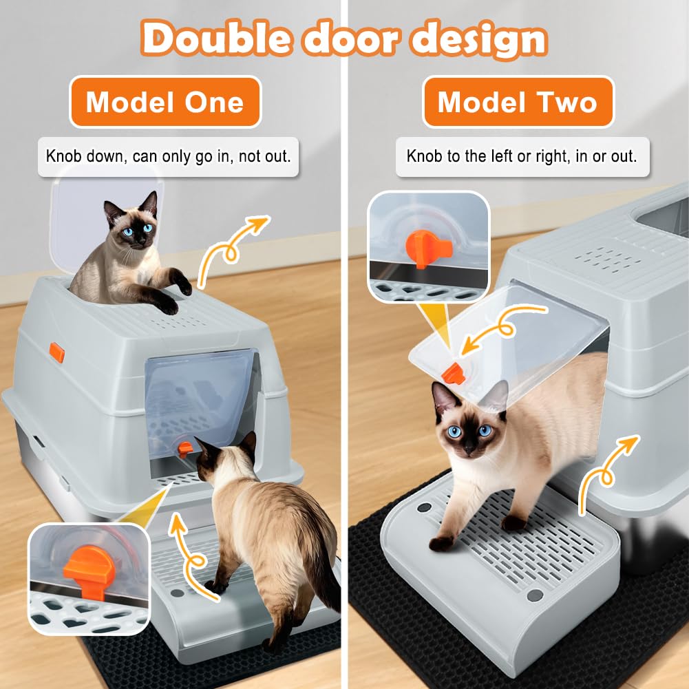 Vivifying XL Stainless Steel Litter Box with Lid, Gray - Enclosed Cat Pan with Scoop, Mat, Charcoal Filter for Big Cats